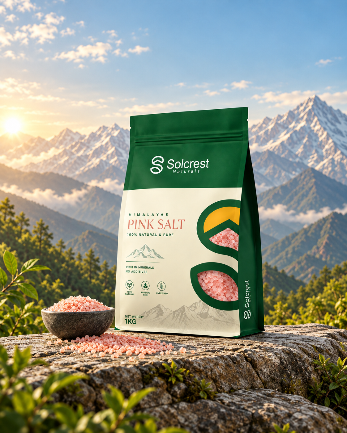 Solcrest Himalayan pink salt 1kg pouch with a bowl of salt in front of mountains